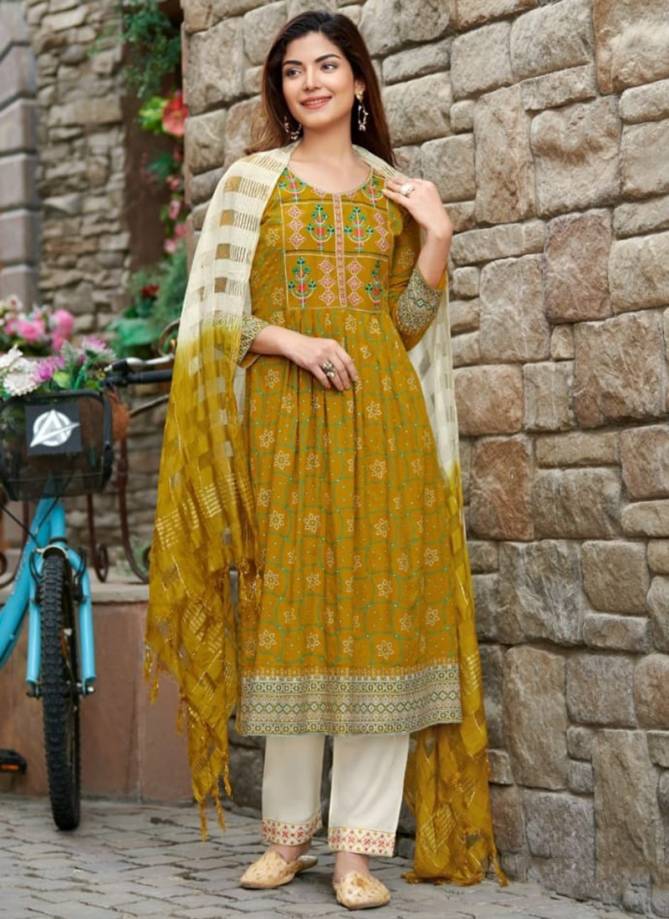 Dark Yellow Colour Rangjyot Rang Manch New Latest Ethnic Wear Rayon Kurti With Pant And Dupatta Collection 1003